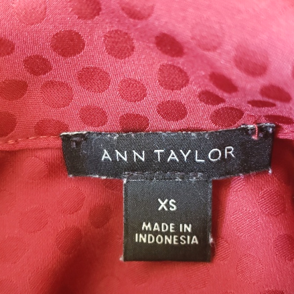 Ann Taylor Brick Red Polka Dot Jacquard Mock Neck Blouse XS Retro - Picture 8 of 8